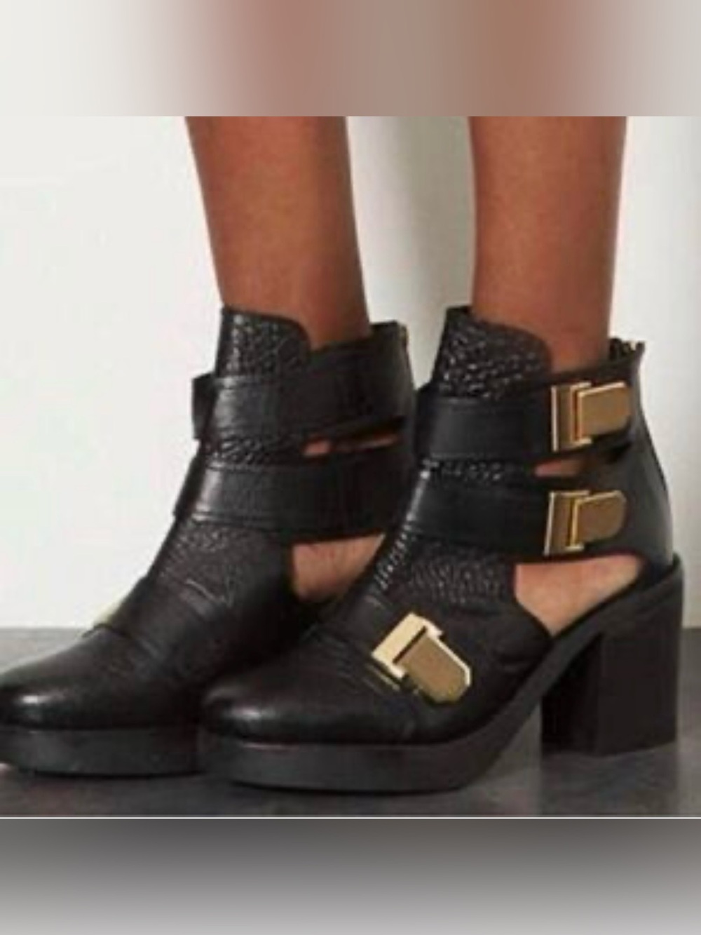Topshop Black Leather Moto Buckle Cut out Chunky Block Heel boots Size 39